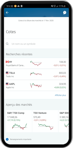 Exemple de capture d'écran de téléphone montrant les devis, les recherches récentes et le marché en un coup d'œil