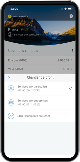 Exemple de capture d'écran de téléphone montrant une fenêtre dans laquelle vous pouvez changer de profil