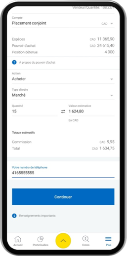 Exemple de capture d'écran du téléphone montrant la position détenue, le pouvoir d'achat des actions, la forme et le total estimé