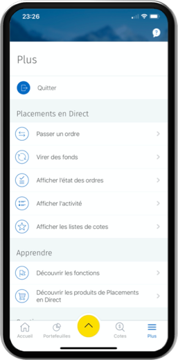 Exemple de capture d'écran du téléphone montrant plus de menu. Déconnexion, passer une commande, transférer des fonds, afficher l'état de la commande, afficher l'activité, afficher la liste de surveillance, découvrir les fonctionnalités