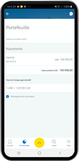 Exemple de capture d'écran de téléphone montrant les investissements de portefeuille et le taux de change