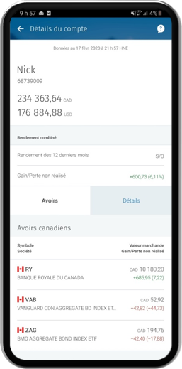 Exemple de capture d'écran de téléphone montrant un REER collectif, le rendement combiné, les avoirs canadiens et américains