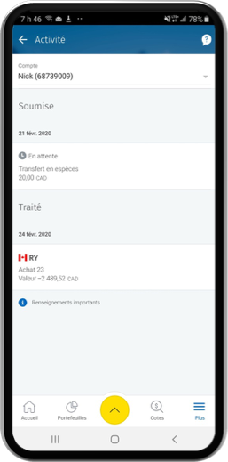 Exemple de capture d'écran de téléphone montrant l'activité, soumise et traitée