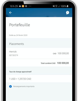 Exemple de capture d'écran de téléphone montrant les investissements de portefeuille et le taux de change