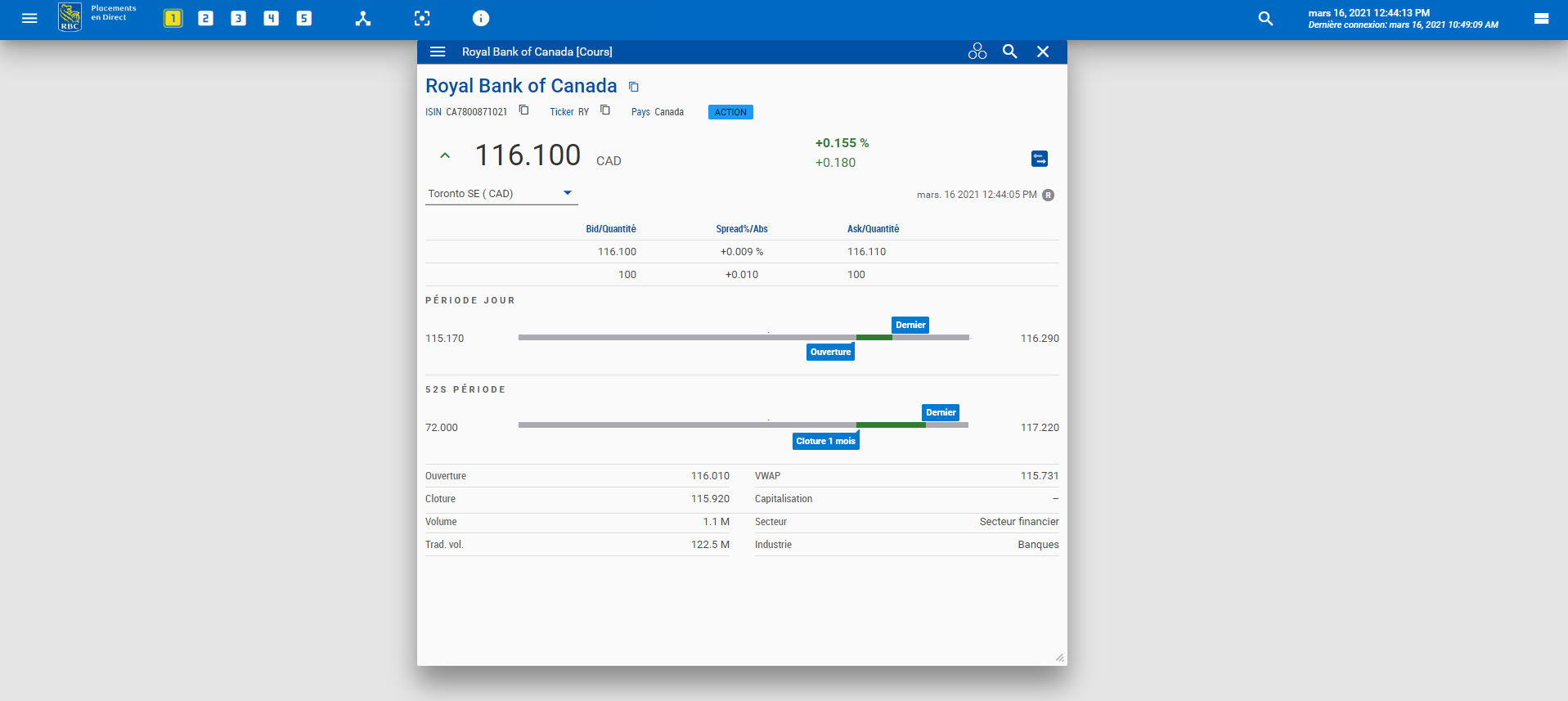 Exemple de capture d'écran montrant le widget Citation de RBC Banque Royale du Canada